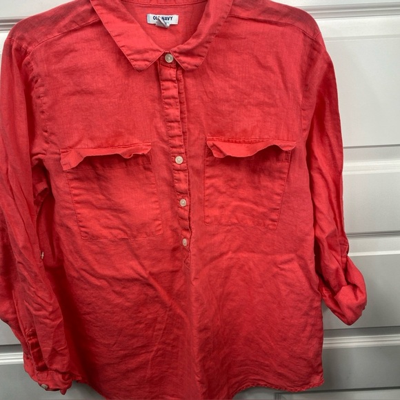 Old Navy Linen Blouse Minimalist Quarter Button Cuffed Sleeve XL Rebellion Red - Picture 1 of 8
